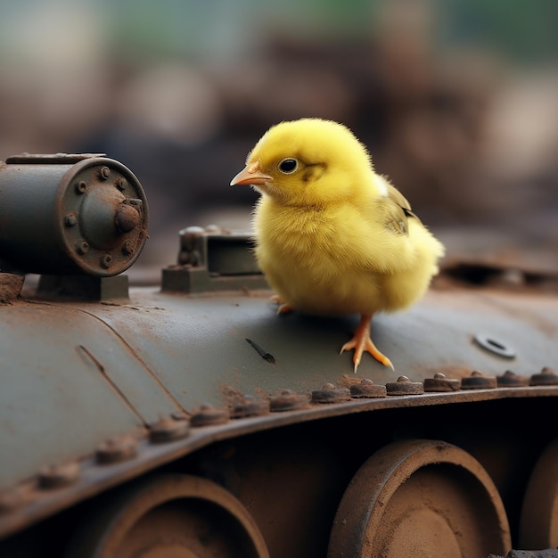 Kleines gelbes, süßes, wehrloses Huhn auf einem rostigen Panzer dreht das Konzept von Frieden und Güte