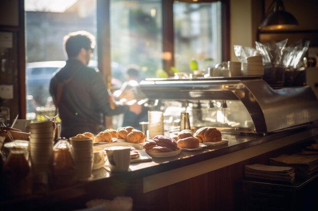 Foto kleines gemütliches café, kaffeehaus, bäckerei, geschäftsunternehmen, innenraum, sonniges morgenlicht, stolz, glücklich