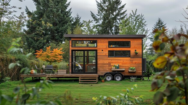 Foto kleines haus auf rädern mitten im wald das haus ist aus holz und hat ein modernes design