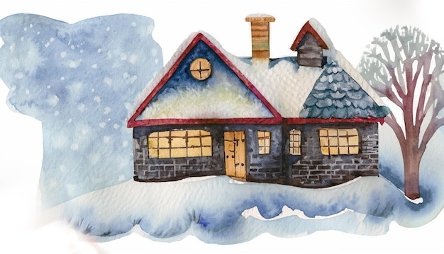 Kleines Haus in der Wintersaison in Aquarell auf weißem, isoliertem Hintergrund gemalt