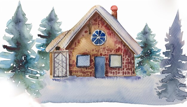 Kleines Haus in der Wintersaison in Aquarell auf weißem, isoliertem Hintergrund gemalt