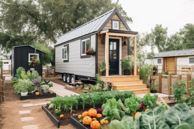 Kleines Haus mit Gemüsegarten im Vorgarten, das mit generativer AI erstellt wurde