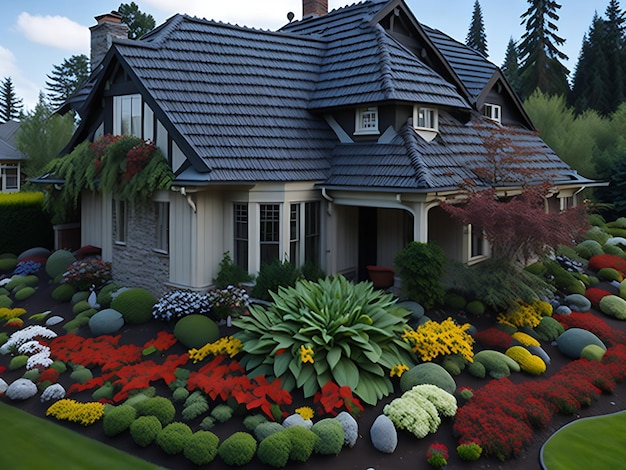 Kleines Haus mit Ziegeldach im Nordwesten und einem schönen Blumenbeet der Ai-Generation