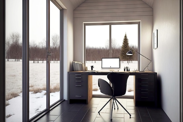 Kleines Heimbüro im leeren Teil des Landhauses in modernem, minimalistischem Interieur