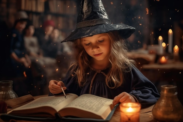 Kleines Hexenmädchen mit Hexenhut, das ein Zauberbuch in der Bibliothek liest, Märchenkonzept, Halloween-Konzept