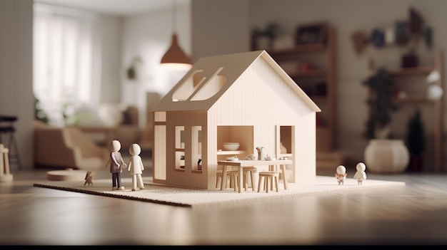 Kleines Holzhaus auf dem Boden eines gemütlichen Raumes mit glücklicher Familie, die im Hintergrund spielt