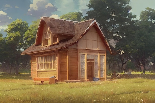 Kleines Holzhaus auf der Prärie digitale Zeichnung im Anime-Stil