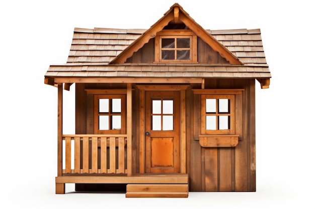 Kleines Holzhaus mit Veranda auf einer weißen oder klaren Oberfläche PNG durchsichtiger Hintergrund
