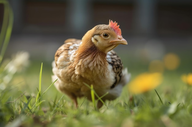 Kleines Huhn, das auf einem grünen Feld steht