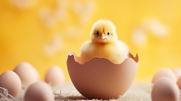 Kleines Huhn in einem Ei auf einem gelben Hintergrundkopierraum