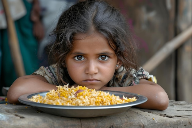 Kleines hungriges asiatisches Kind mit einem Teller Essen draußen