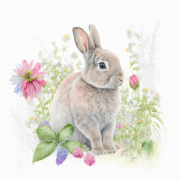 Kleines junges Kaninchen sitzt auf dem Feld zwischen wilden Blumen und Gras Aquarellillustration
