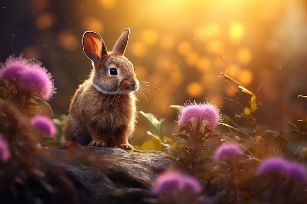 Kleines Kaninchen, das sich an einem sonnigen Tag in Blumen versteckt, süßes, flauschiges Kaninchen auf der Wiese an einem warmen Frühlingstag.