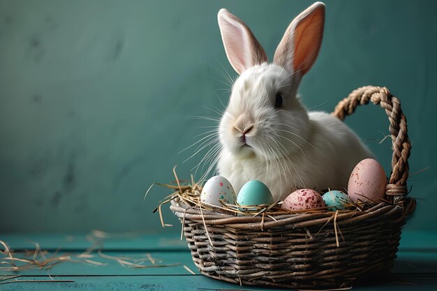 Kleines Kaninchen im Korb mit geschmückten Eiern Osterkarte