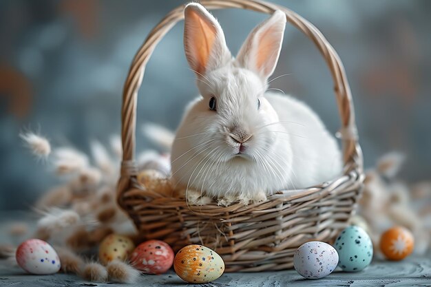 Kleines Kaninchen im Korb mit geschmückten Eiern Osterkarte