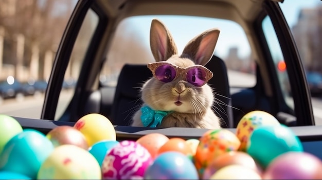 Kleines Kaninchen im Korb mit geschmückten Eiern Osterkarte