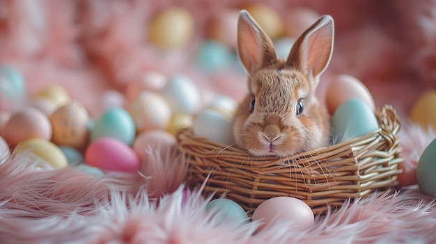 Kleines Kaninchen im Korb mit geschmückten Eiern Osterkarte