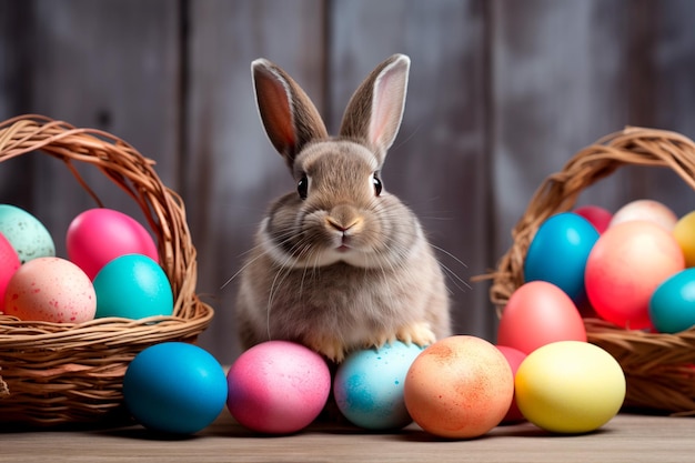 Kleines Kaninchen im Korb mit geschmückten Eiern Ostern Kaninchen und Ostern Eier generiert KI