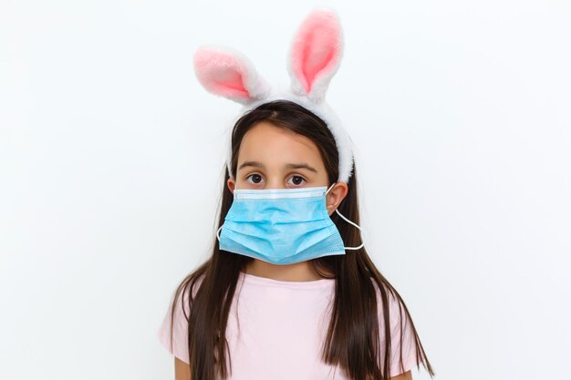 Kleines kaukasisches Mädchen mit Hasenohren und medizinischer Maske im Gesicht auf weißem Hintergrund. Ostern-Konzept. Coronavirus geschützt