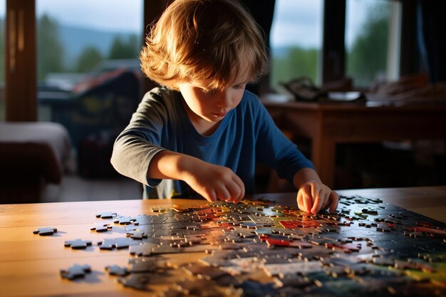 Foto kleines kind, das zu hause ein puzzle zusammensetzt. generativ von ai