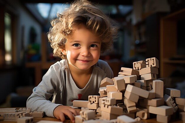 Foto kleines kind, das zu hause mit bauklötzen spielt