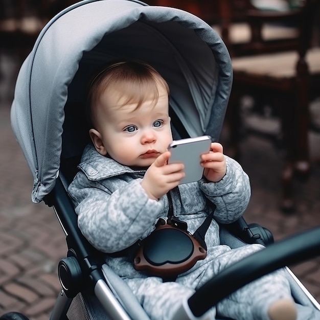 Kleines Kind im Kinderwagen hält Smartphone und blickt in Großaufnahme auf den Bildschirm. Neue Technologiegeneration