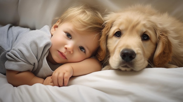 Kleines Kind liegt mit einem Hund auf einem Bett Hund und süßes Baby Kindheitsfreundschaft