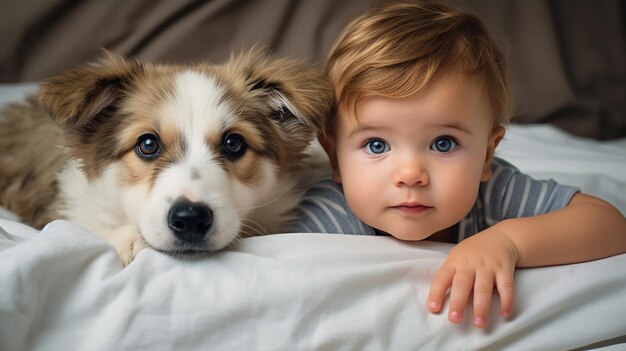 Foto kleines kind liegt mit einem hund auf einem bett hund und süßes baby kindheitsfreundschaft