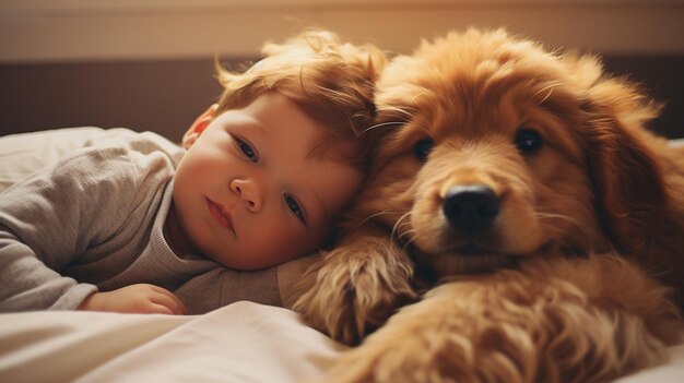 Kleines Kind liegt mit einem Hund auf einem Bett Hund und süßes Baby Kindheitsfreundschaft