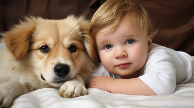 Foto kleines kind liegt mit einem hund auf einem bett hund und süßes baby kindheitsfreundschaft