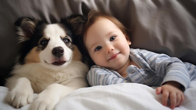 Kleines Kind liegt mit einem Hund auf einem Bett Hund und süßes Baby Kindheitsfreundschaft