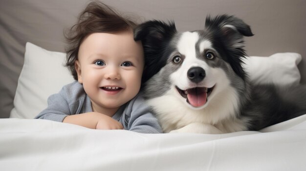 Kleines Kind liegt mit einem Hund auf einem Bett Hund und süßes Baby Kindheitsfreundschaft