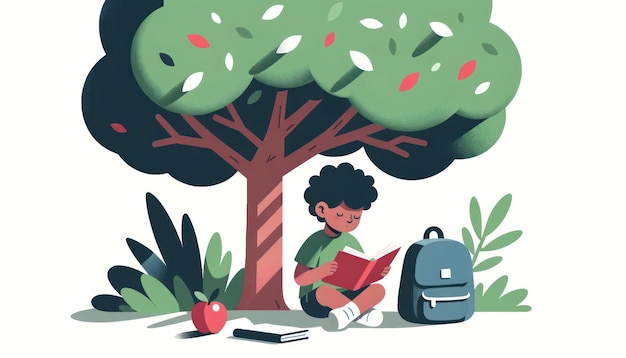 Kleines Kind liest ein Buch unter einem Baum im minimalistischen Stil, der von der KI generiert wurde