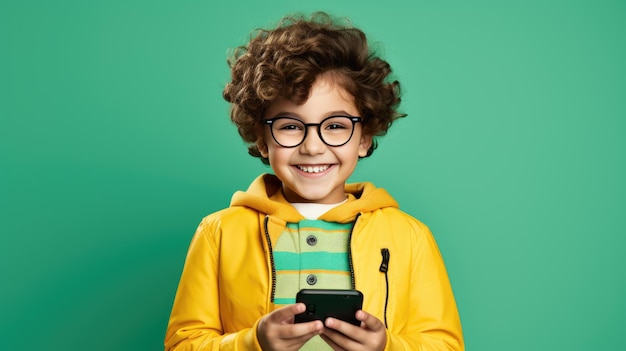 Kleines Kind mit einem Handy auf einem grünen Hintergrund
