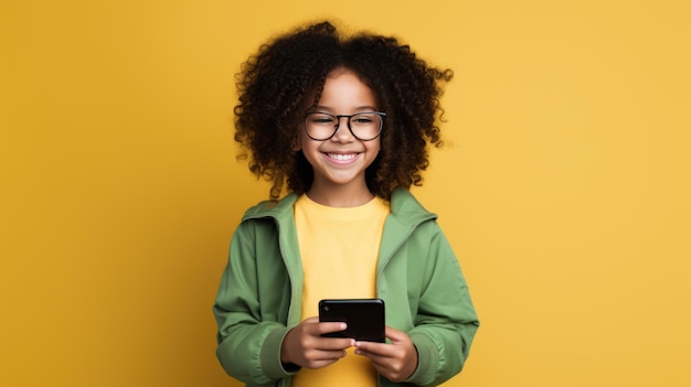 Kleines Kind mit einem Handy auf gelbem Hintergrund