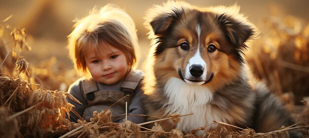 Kleines Kind mit großem Hund in malerischer Natur Freundschaft Pflege Glück mit einem Haustier