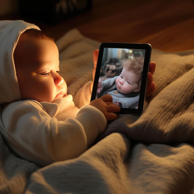 Kleines Kind mit Smartphone im Bett