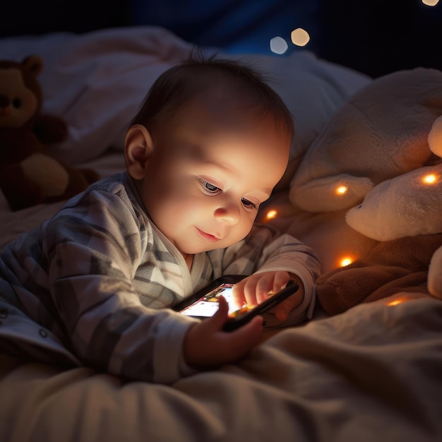 Kleines Kind mit Smartphone im Bett