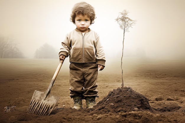 Kleines Kind pflanzt jungen Baum im Garten Generative KI