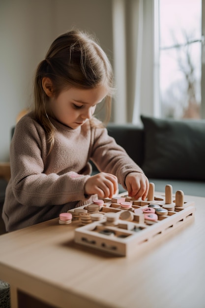 Kleines Kind spielt mit Holzspielzeug AI Generative Montessori-Lernmaterialillustration