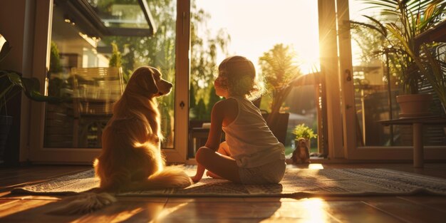 Kleines Kind und Haustier in einer Wohnung im Sonnenlicht Generative KI