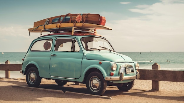 Kleines klassisches Automobil mit Gepäcktaschen und Strandausrüstung auf dem Dach Hintergrund Meer Generative KI