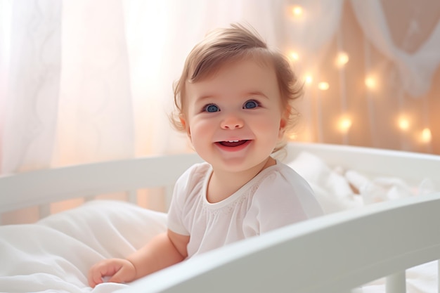 Kleines lächelndes Baby in seinem Kinderbett. Glückliches Kind, KI generiert