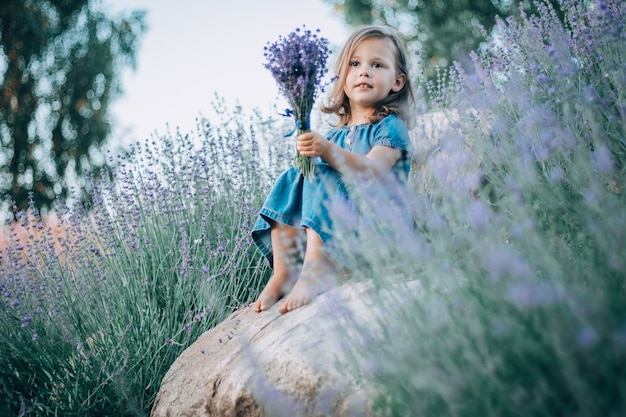 Kleines Mädchen 3-4 mit dunklen Haaren in Jeanskleid sitzt auf Stein zwischen großen Büschen von lila Lavendel, mit Blumenstrauß