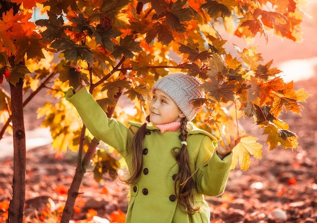 Kleines Mädchen auf einem Hintergrund von orange Herbstlaub. Herbstporträt