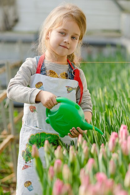 Kleines Mädchen, das im Frühjahr Blumen in einem Gewächshaus gießt.