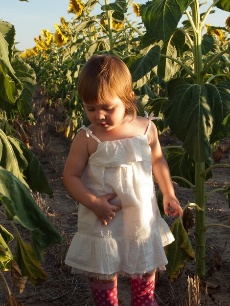 Kleines Mädchen, das im Sonnenblumenfeld spielt.