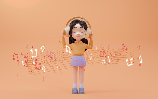 Kleines Mädchen, das Musik mit 3D-Rendering im Cartoon-Stil hört