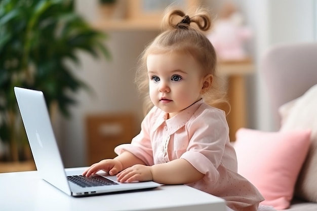 Kleines Mädchen, das zu Hause oder im Klassenzimmer einen Laptop benutzt. Neue Generationen mit Techcomputer-Lernen