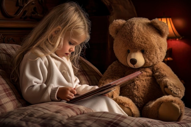 Kleines Mädchen der modernen Generation mit einem Teddybären, das sich mit dem Smartphone beschäftigt